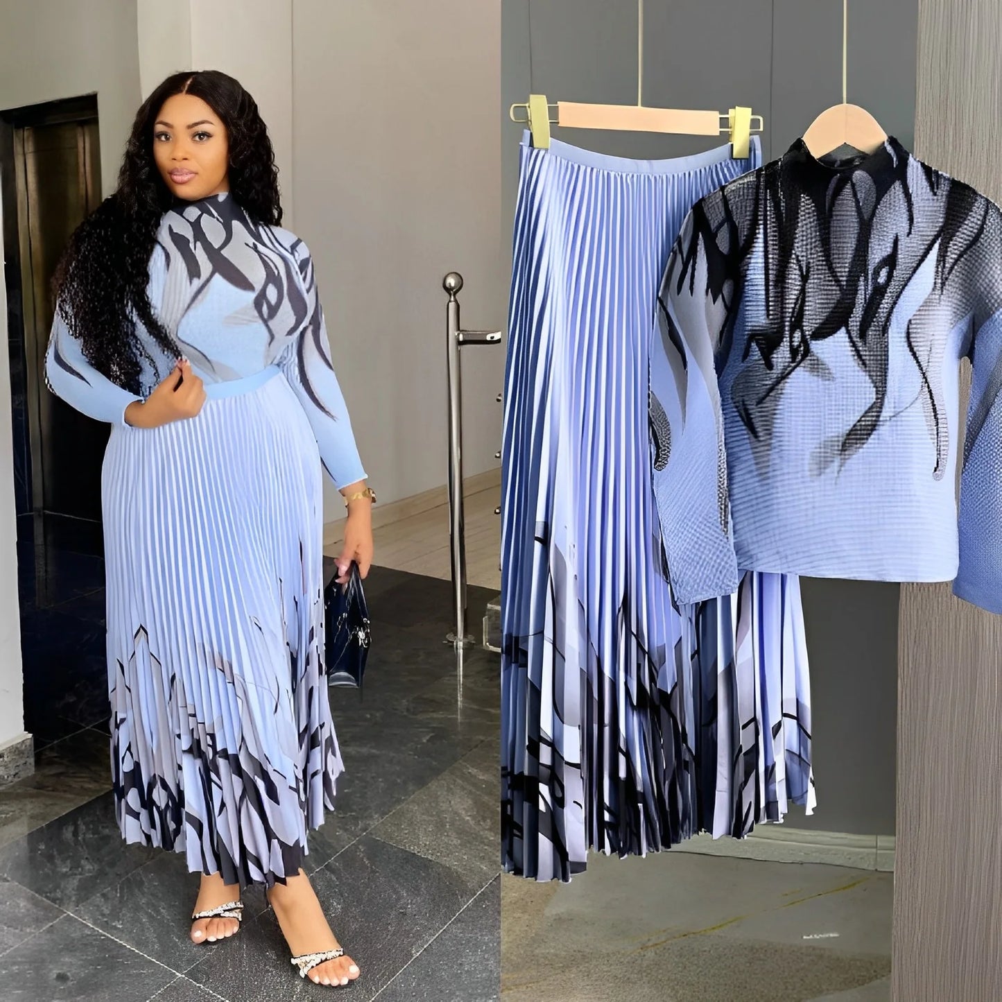 Elegant Pleated Two-Piece Floral Outfit – Women’s Boutique Collection