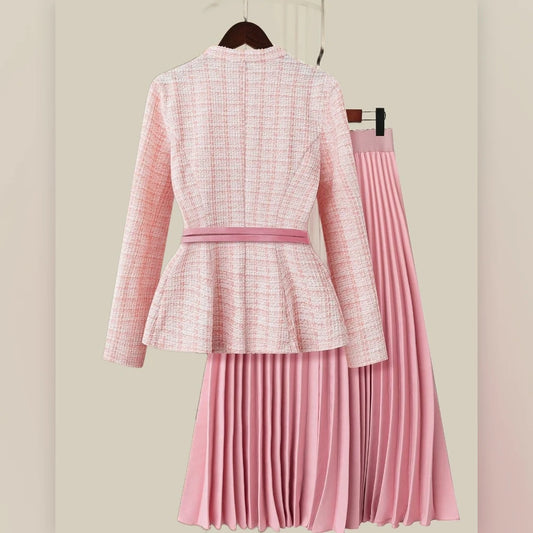 Women's Long-Sleeve Plaid 2-Piece Set – Top & Pleated Skirt