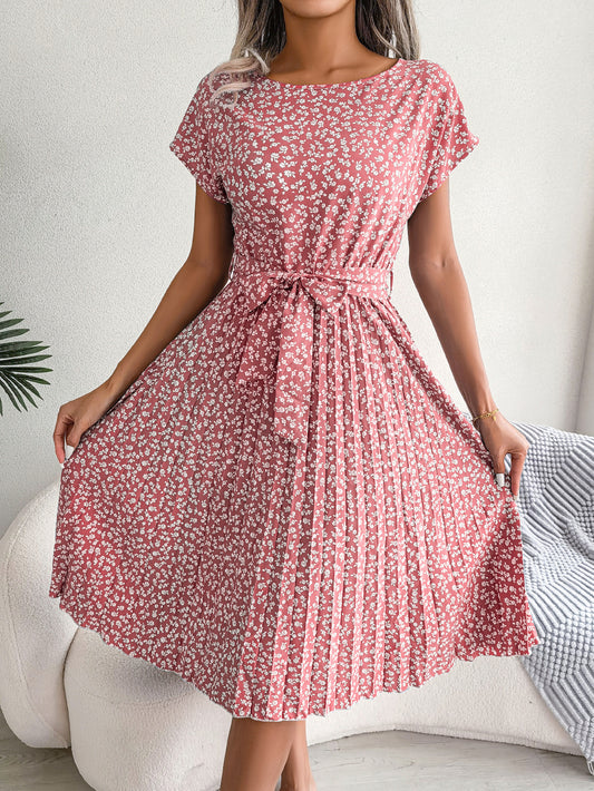 Elegant Floral Pleated Midi Dress – Women’s Summer Casual Dress