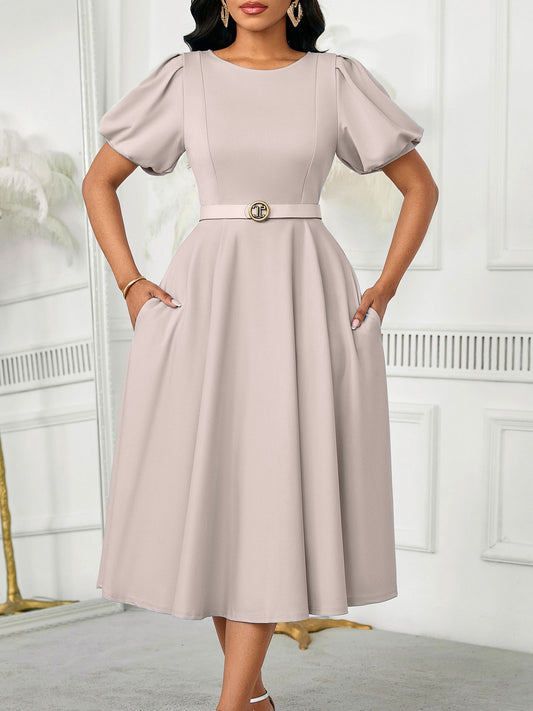 Elegant Summer Puff Sleeve Midi Dress with Belt