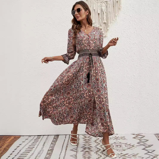 Elegant Bohemian Maxi Dress – Rayon Printed Vacation Dress