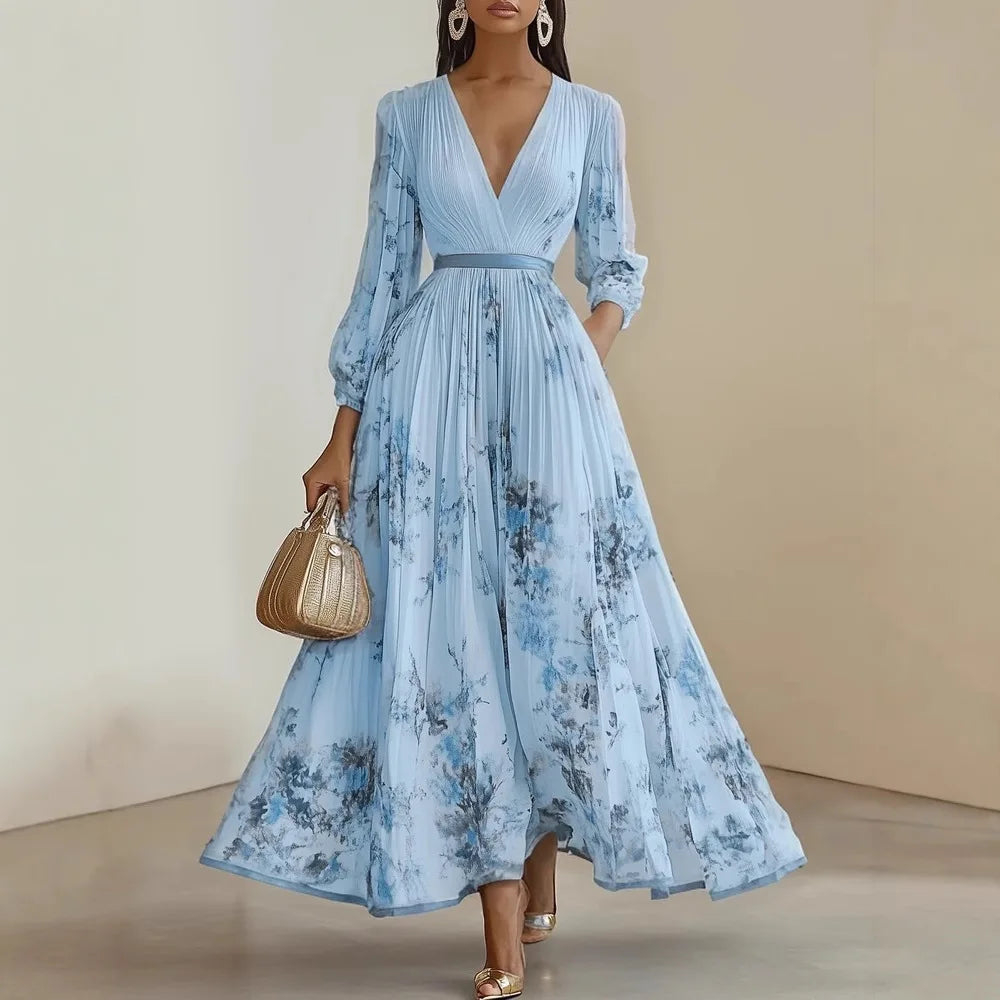 Robe Maxi Florale Manches Longues – Col V Élégant | Été 2025