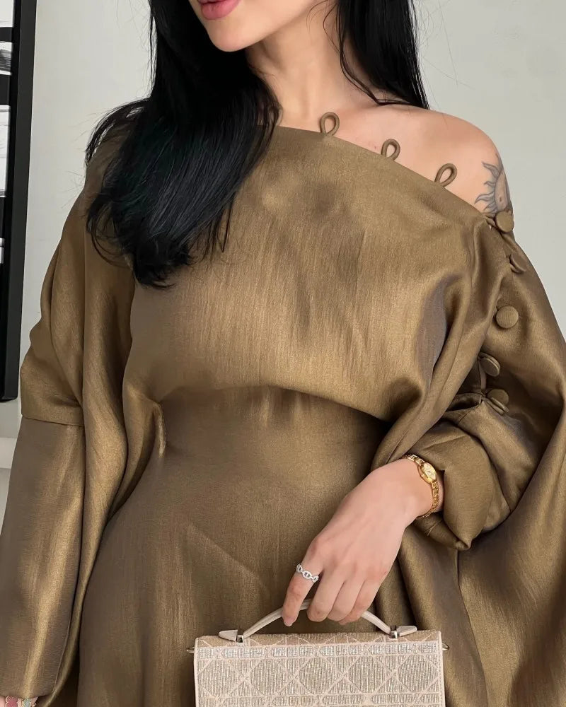 Luxury Satin Off-Shoulder Maxi Dress – Elegant Evening & Wedding Guest Gown