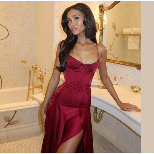 Burgundy Satin Evening Maxi Dress with High Slit