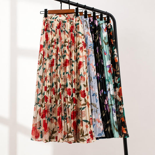 Elegant Floral Pleated Maxi Skirt – High Waist Chiffon Summer Skirt