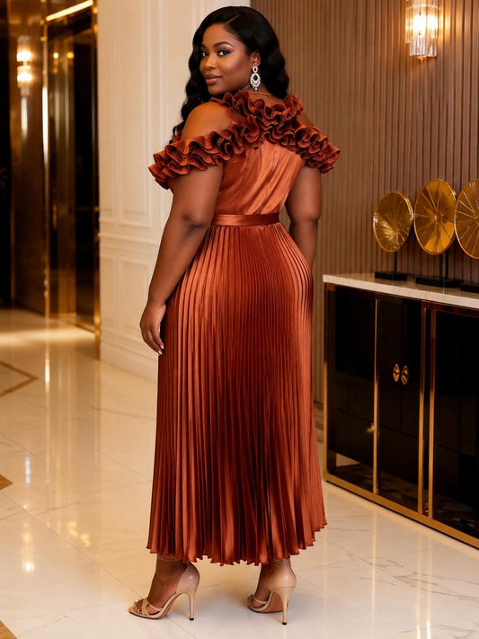 Elegant Copper Satin Pleated Maxi Dress