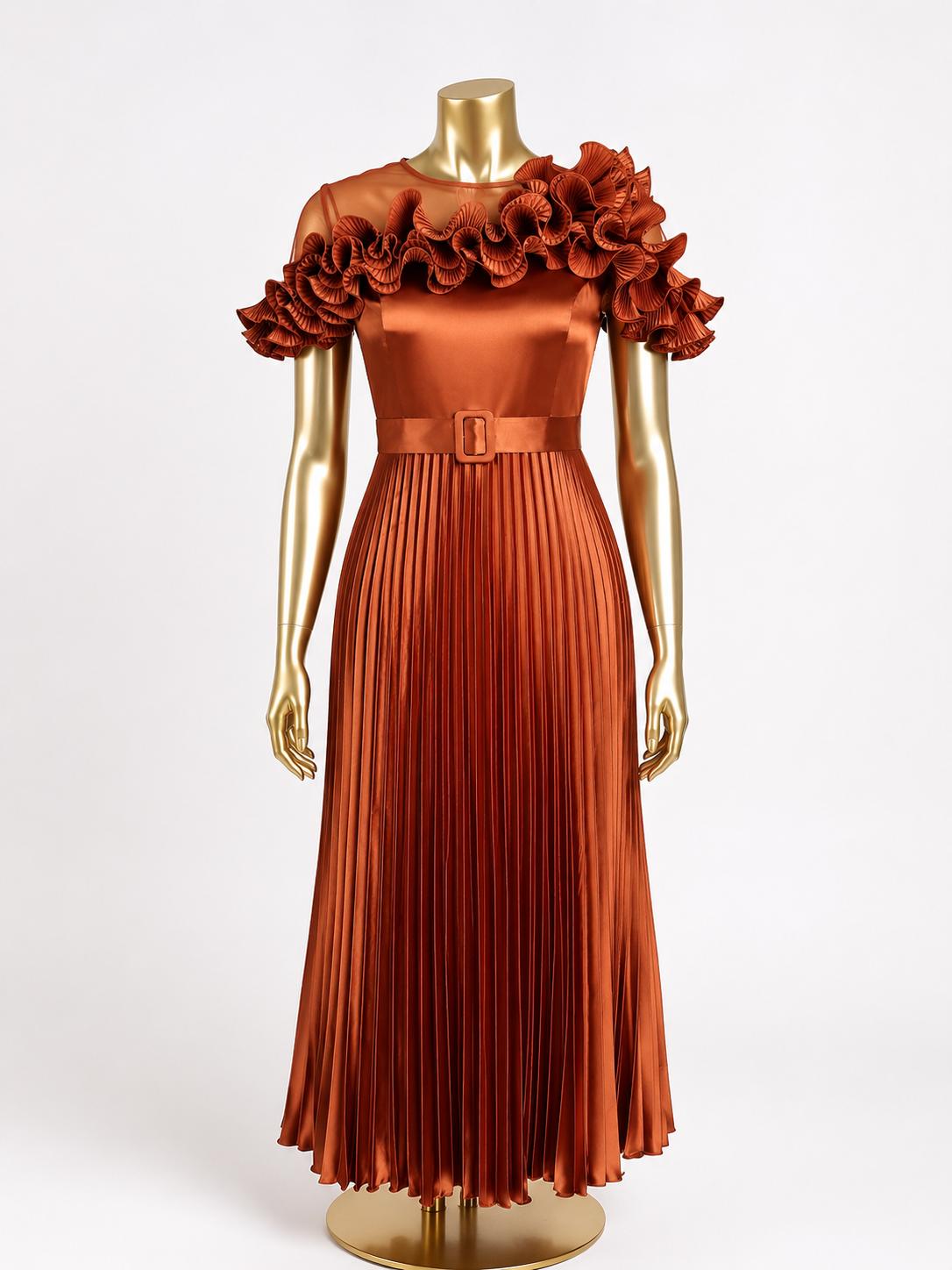 Elegant Copper Satin Pleated Maxi Dress