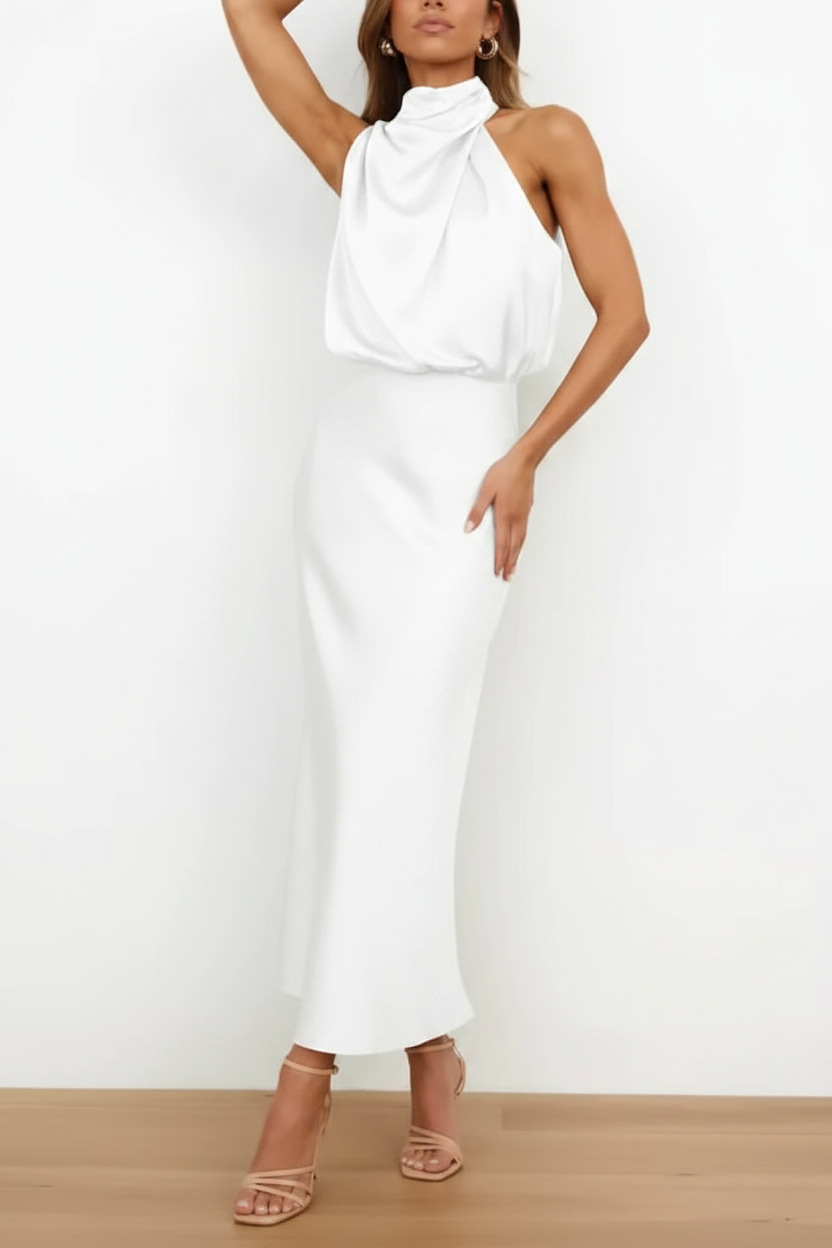 White halter high neck satin midi dress on model white background