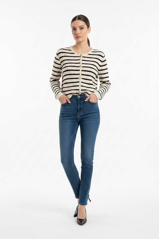 Striped Knit Cardigan Black White Worn