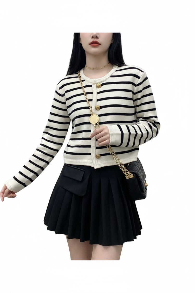 Striped Knit Cardigan Black White Outfit