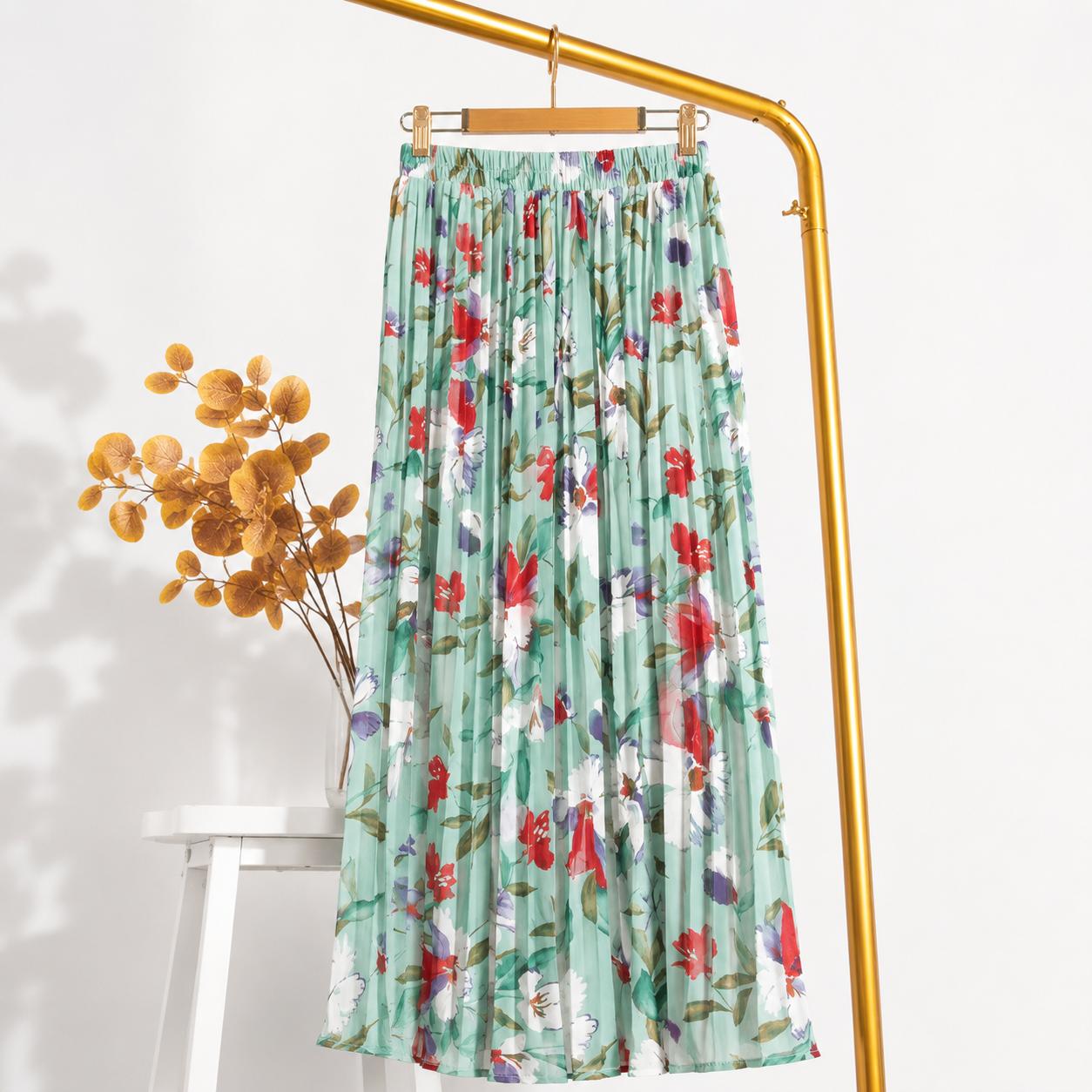 Elegant Floral Pleated Maxi Skirt – High Waist Chiffon Summer Skirt