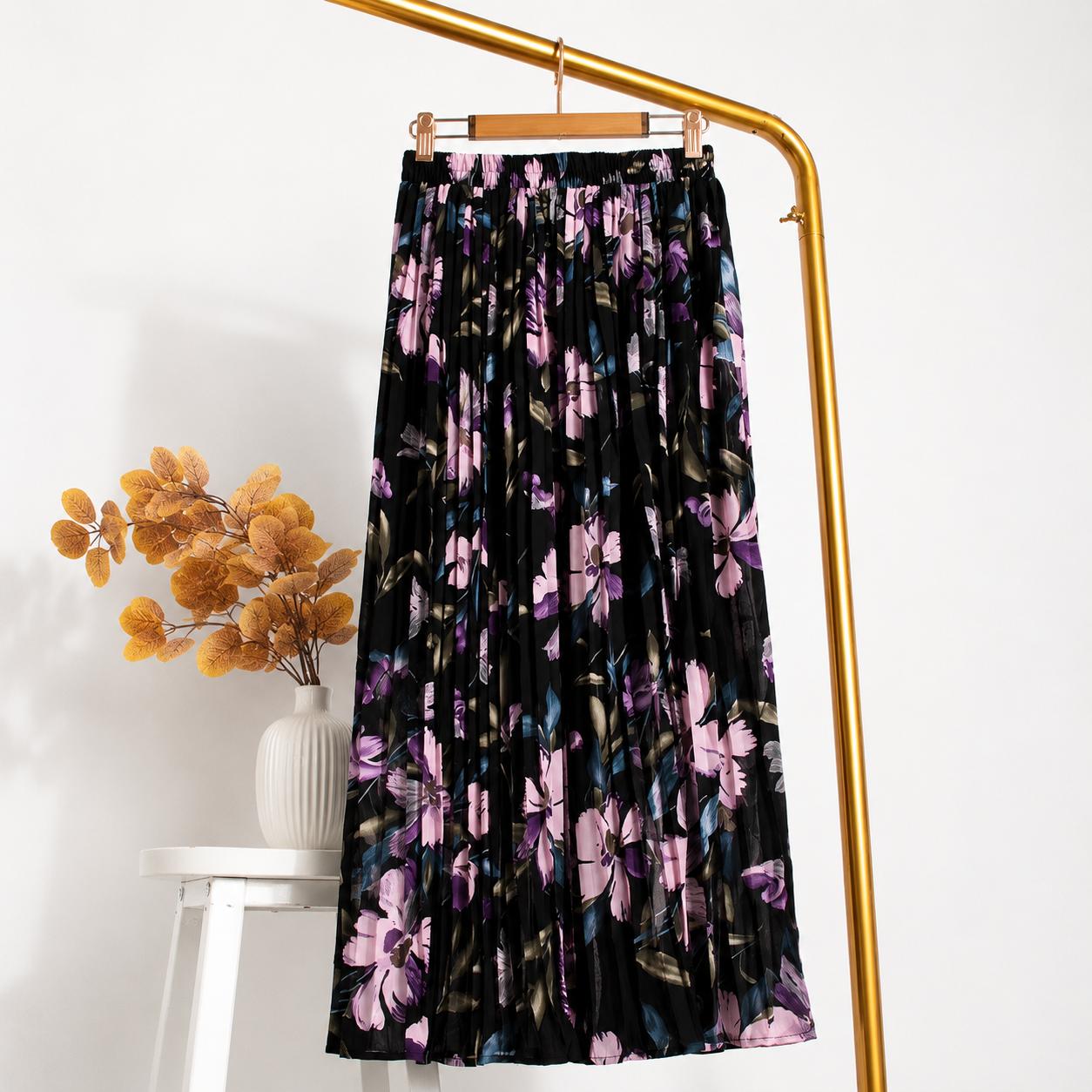 Elegant Floral Pleated Maxi Skirt – High Waist Chiffon Summer Skirt