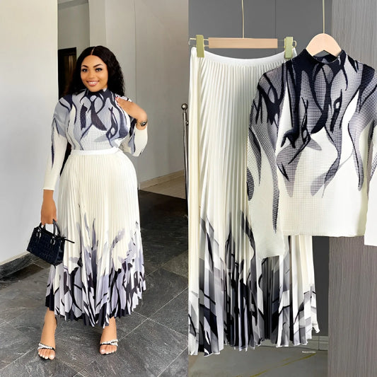 Elegant Pleated Two-Piece Floral Outfit – Women’s Boutique Collection