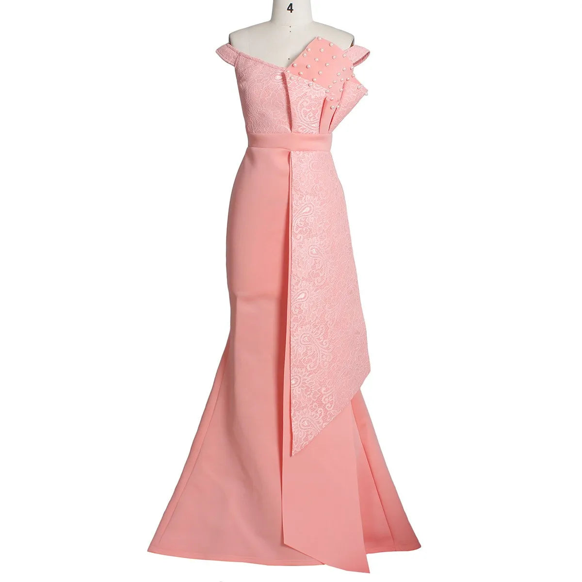 Lace Slash-Neck Evening Dress – Handmade Ruffle & Beaded Luxury Party Gown