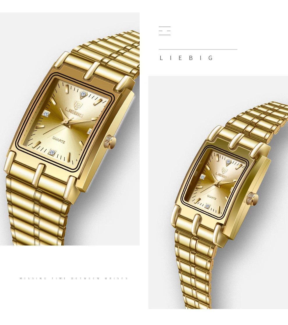 LIEBIG Luxury Gold Steel Bracelet Wristwatches Female Male Clock Golden Quartz Watch For Men Women Watches Relogio Masculino
