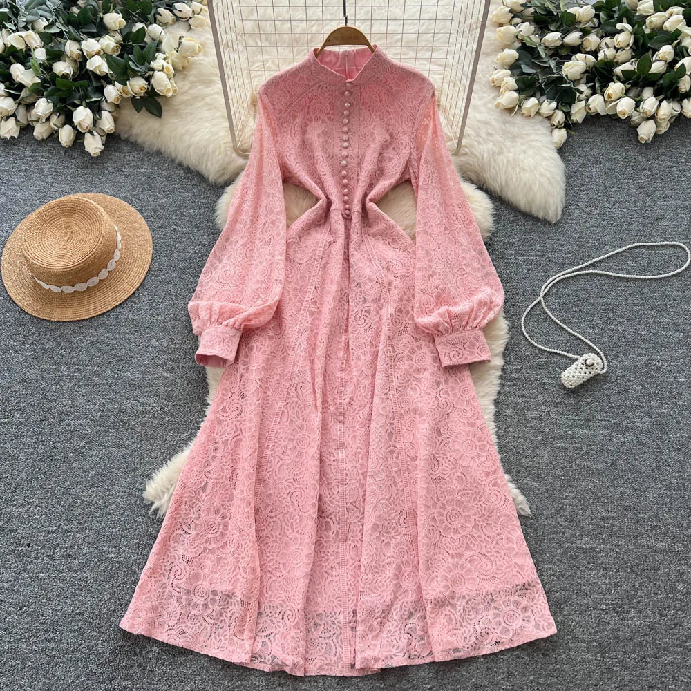 Retro Embroidery Lace Midi Dress – Waist-Slimming Elegant Style