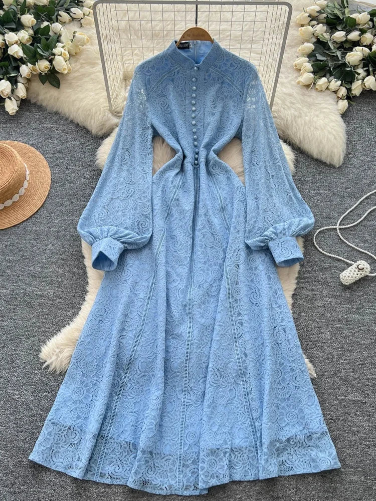 Retro Embroidery Lace Midi Dress – Waist-Slimming Elegant Style