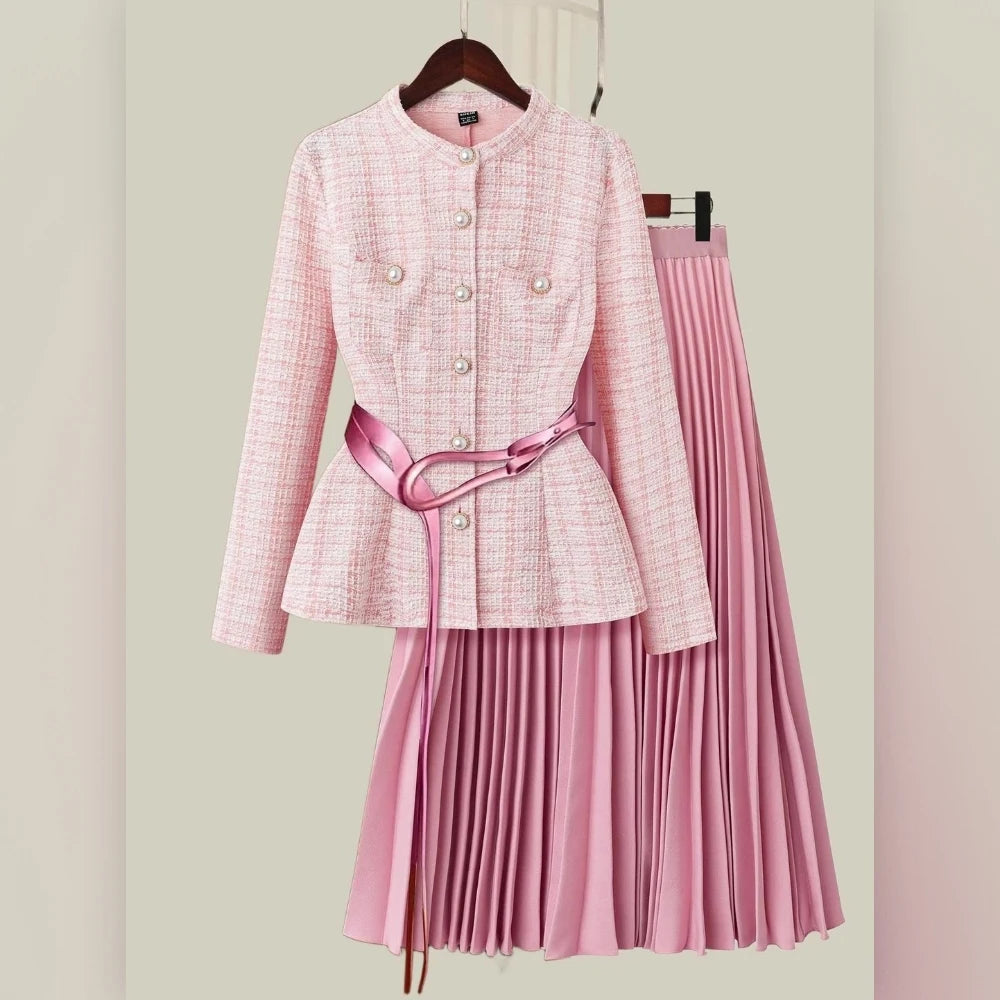 Women's Long-Sleeve Plaid 2-Piece Set – Top & Pleated Skirt
