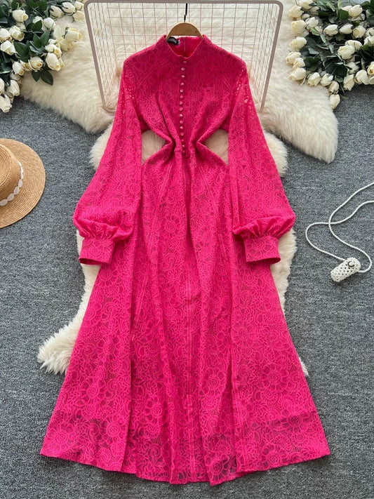 Retro Embroidery Lace Midi Dress – Waist-Slimming Elegant Style