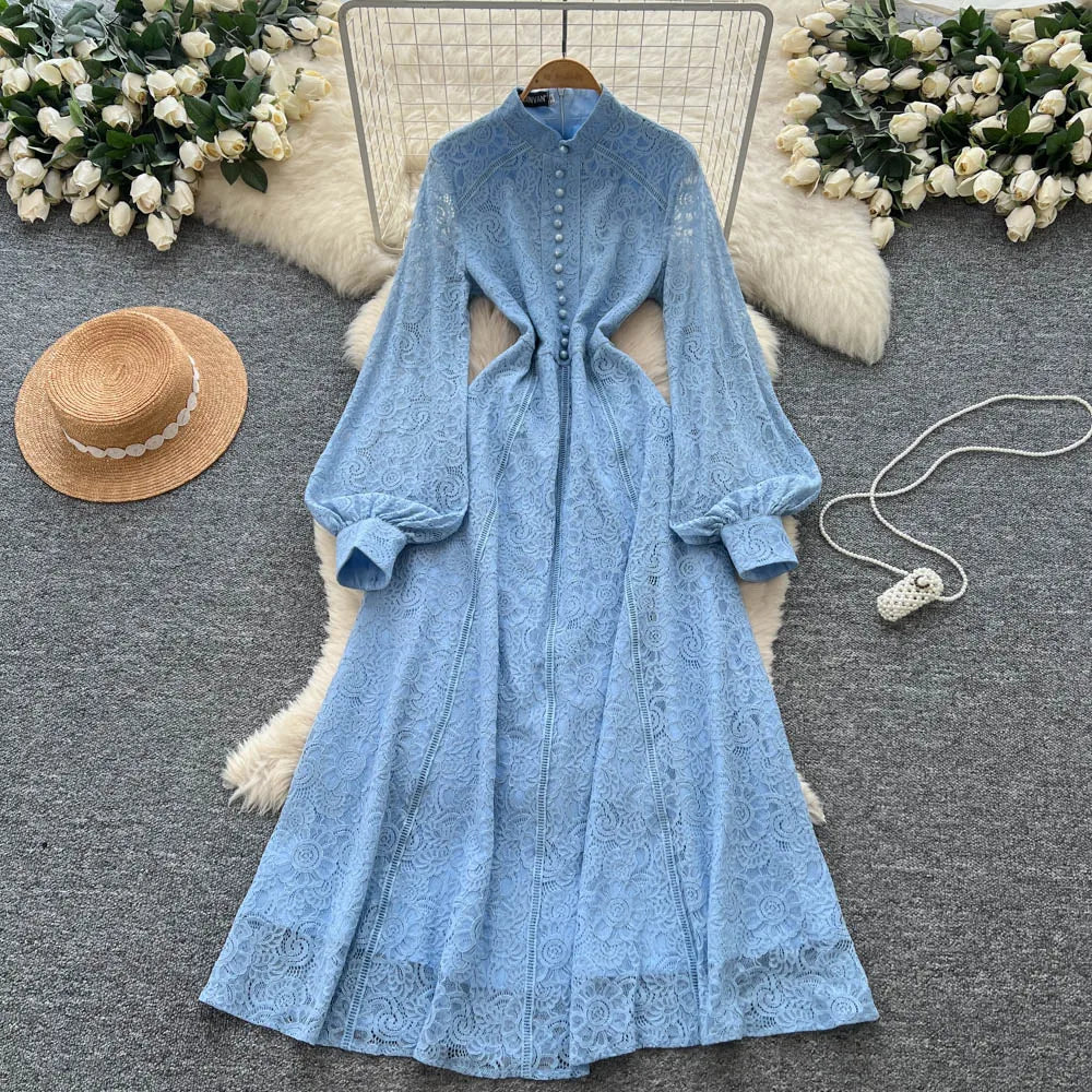 Retro Embroidery Lace Midi Dress – Waist-Slimming Elegant Style
