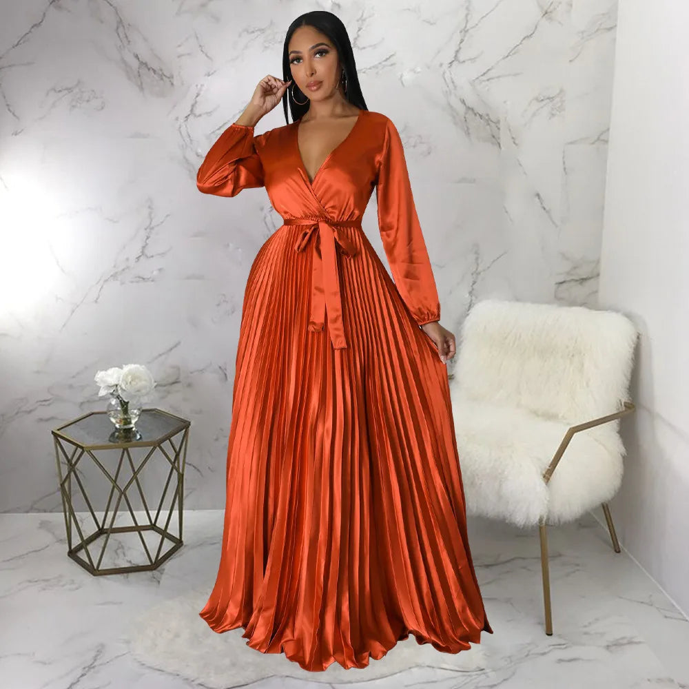 V-Neck Lantern Sleeve Maxi Dress – Casual Pleated Dress for Women