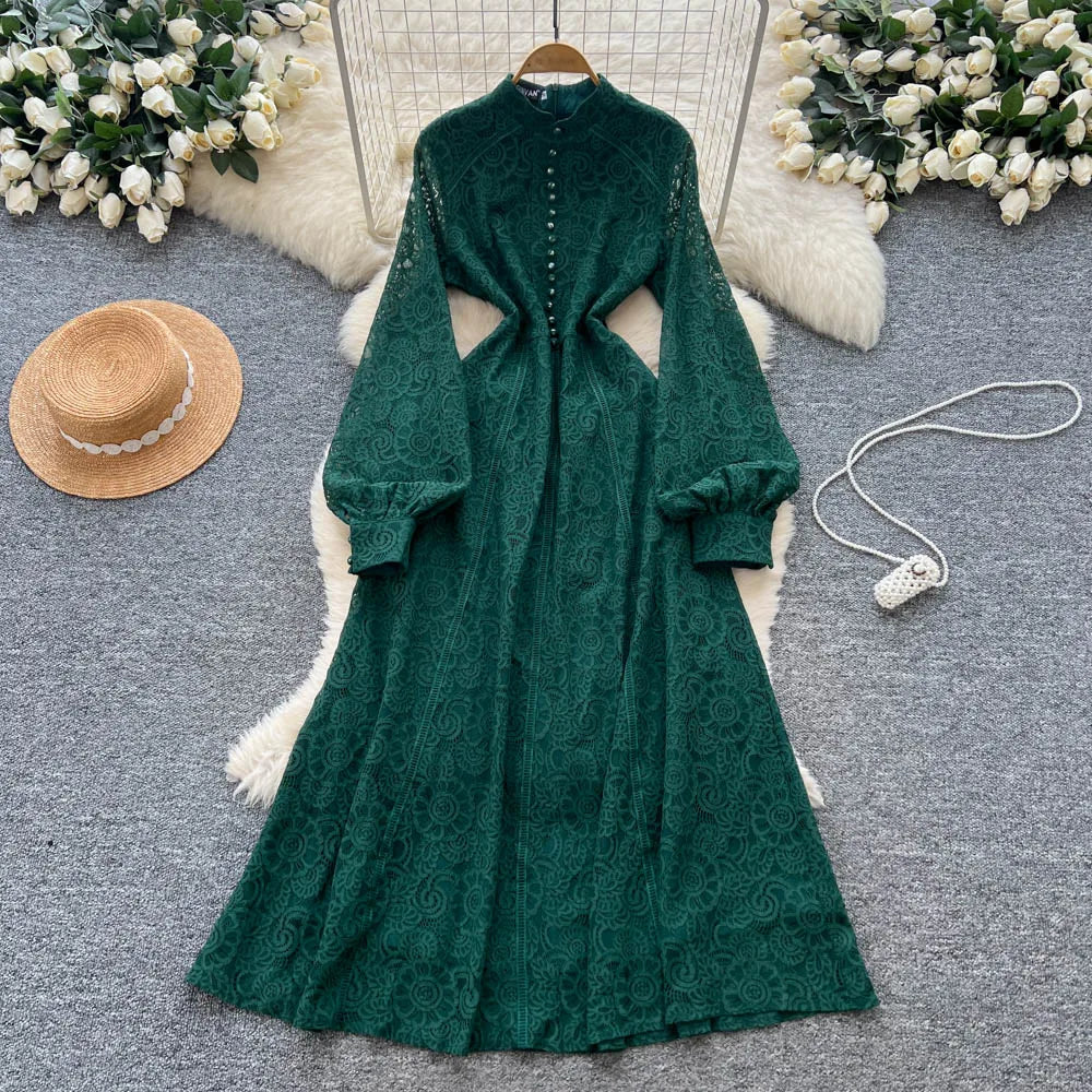 Retro Embroidery Lace Midi Dress – Waist-Slimming Elegant Style