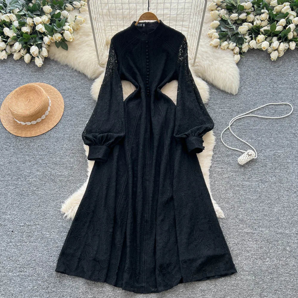 Retro Embroidery Lace Midi Dress – Waist-Slimming Elegant Style