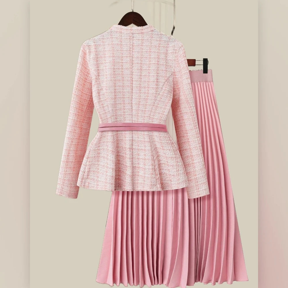 Women's Long-Sleeve Plaid 2-Piece Set – Top & Pleated Skirt