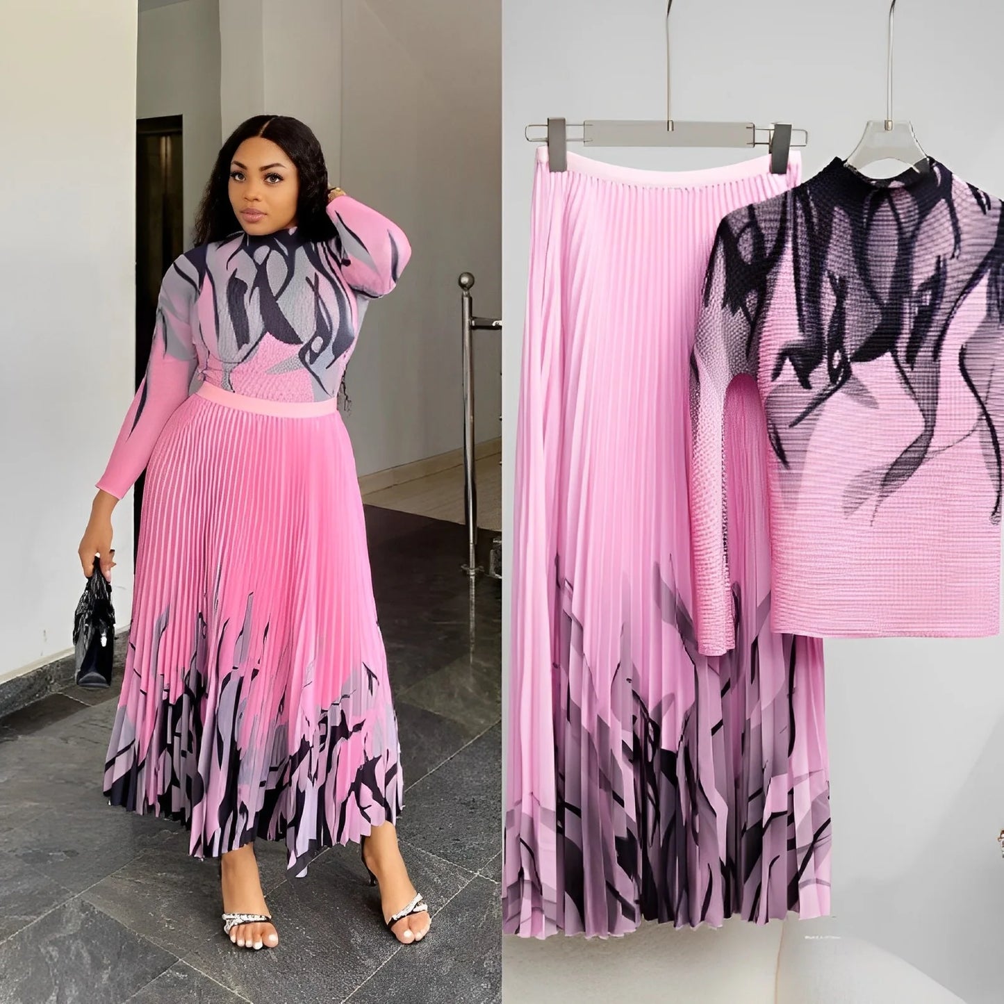 Elegant Pleated Two-Piece Floral Outfit – Women’s Boutique Collection