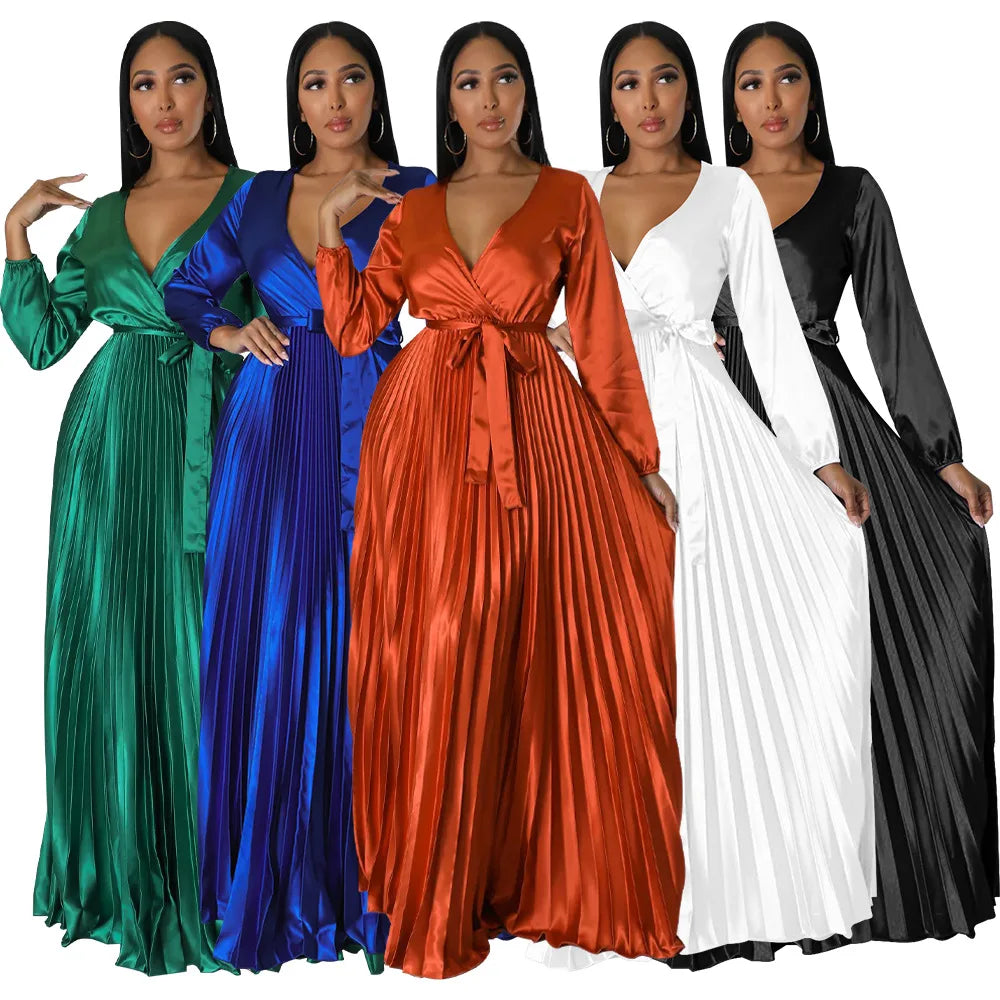V-Neck Lantern Sleeve Maxi Dress – Casual Pleated Dress for Women