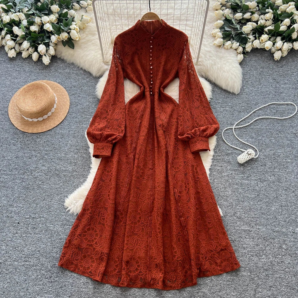 Retro Embroidery Lace Midi Dress – Waist-Slimming Elegant Style