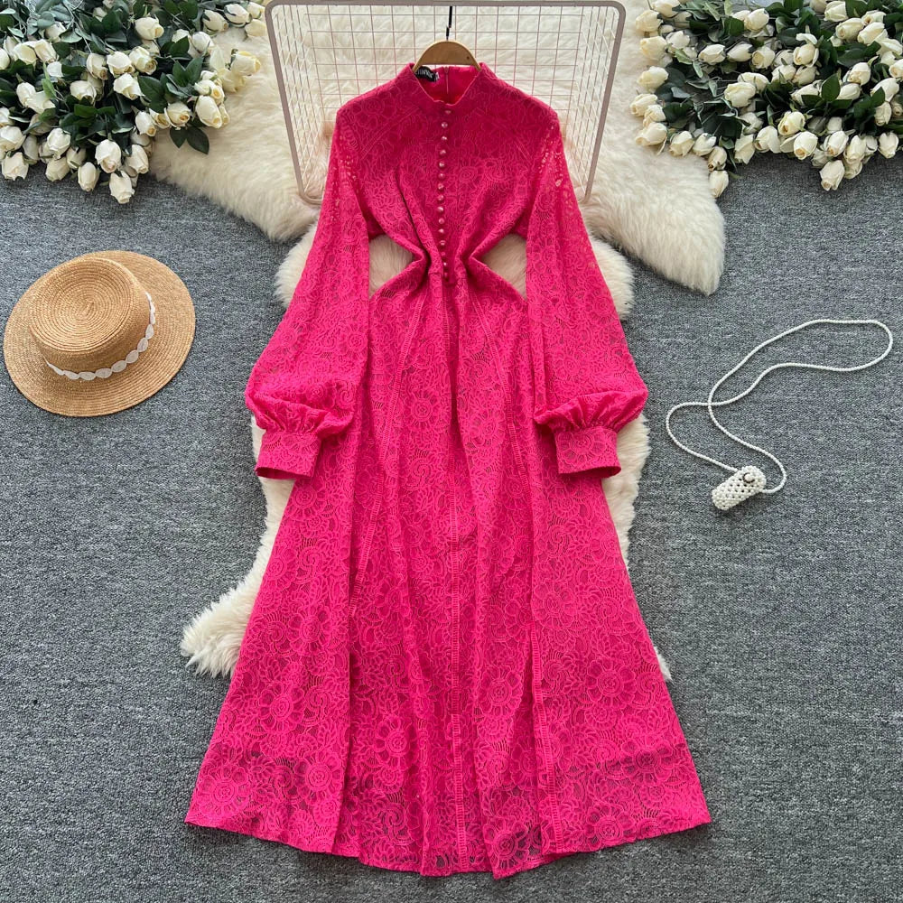 Retro Embroidery Lace Midi Dress – Waist-Slimming Elegant Style