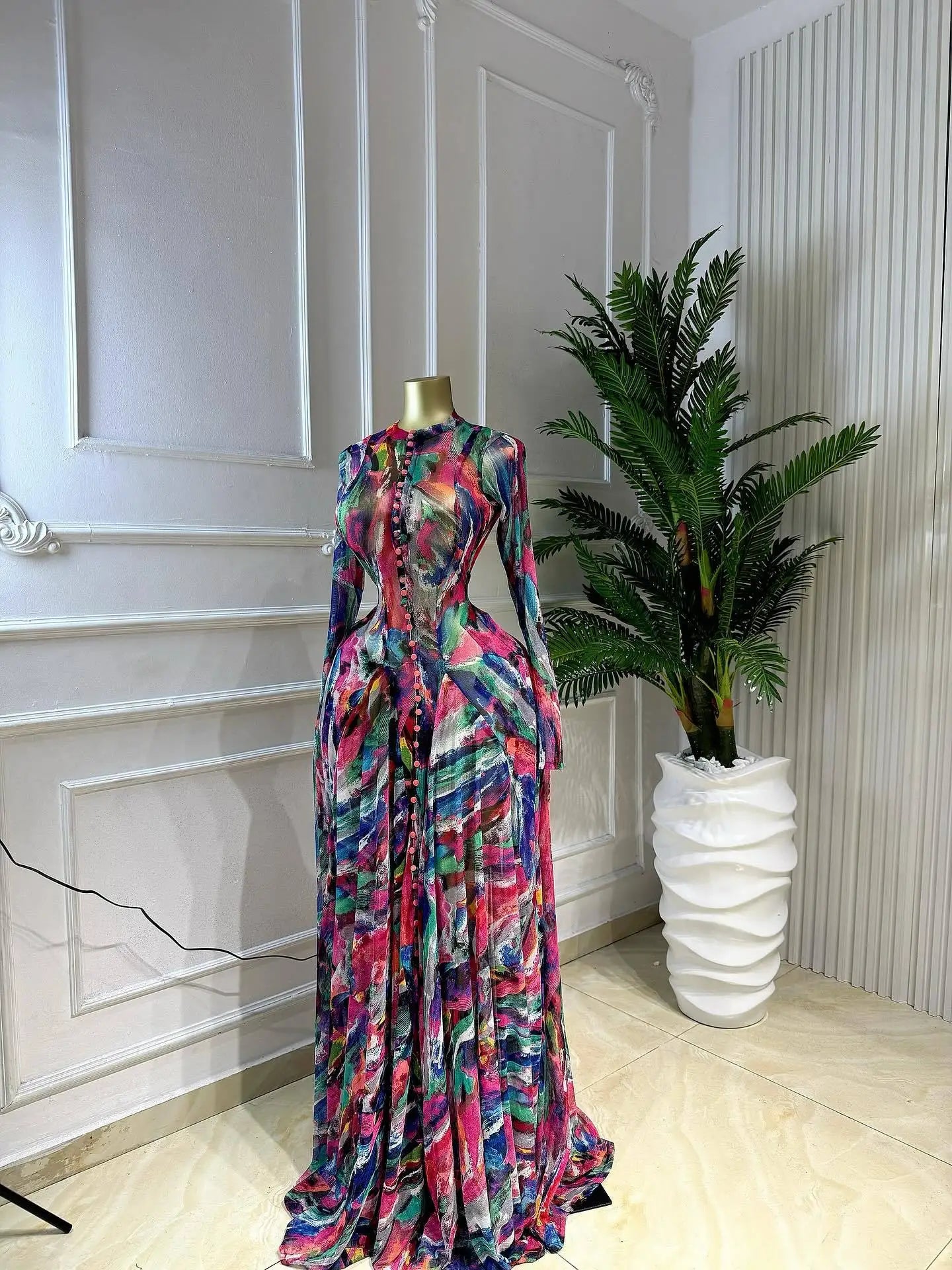 STOCK Print Women Dress Long Sleeve Maxi Dress Plus Size Robe S-2XL