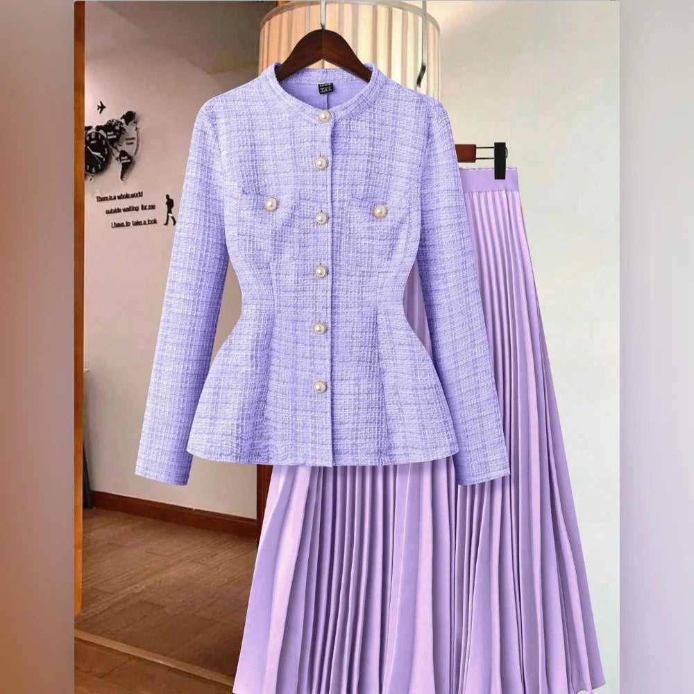 Women's Long-Sleeve Plaid 2-Piece Set – Top & Pleated Skirt