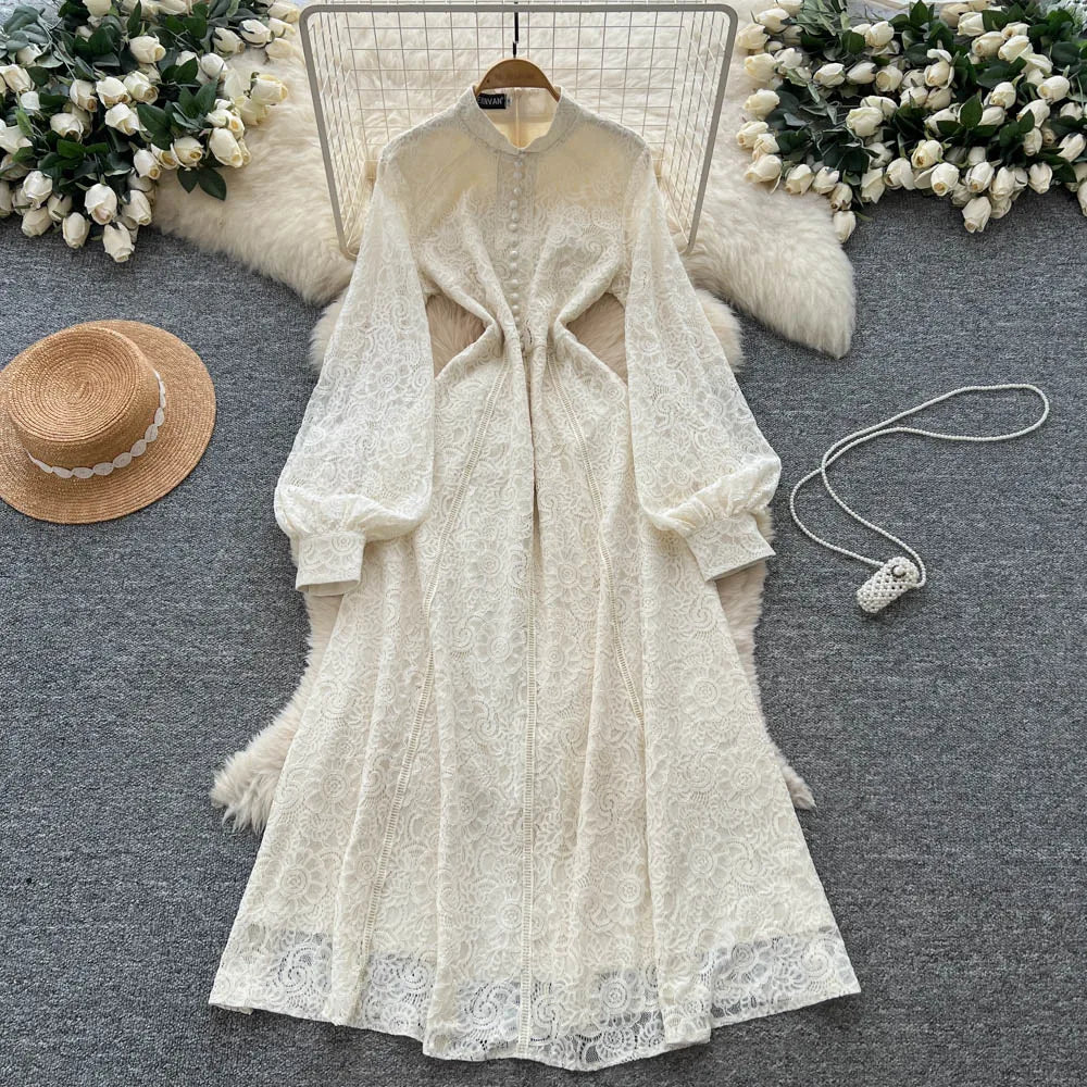 Retro Embroidery Lace Midi Dress – Waist-Slimming Elegant Style
