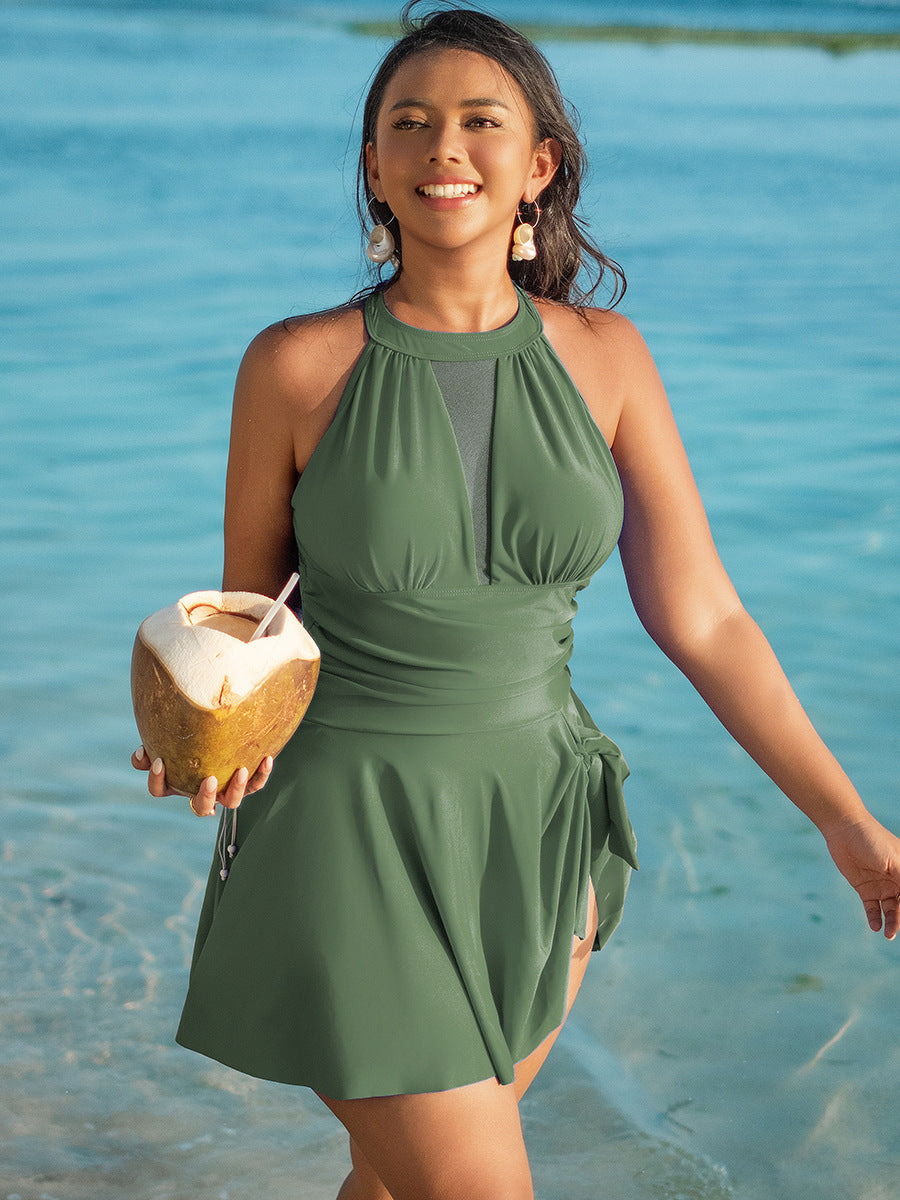 Elegant One-Piece Swim Dress – Plus Size Tummy Control Beach Swimsuit