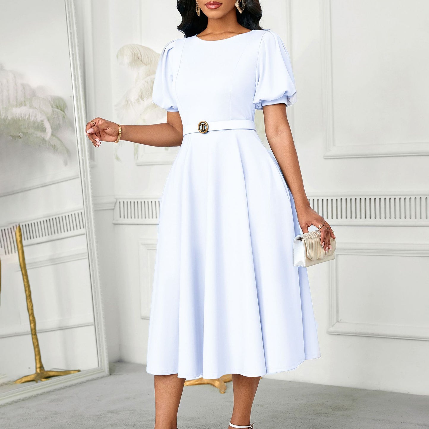 Elegant Summer Puff Sleeve Midi Dress with Belt
