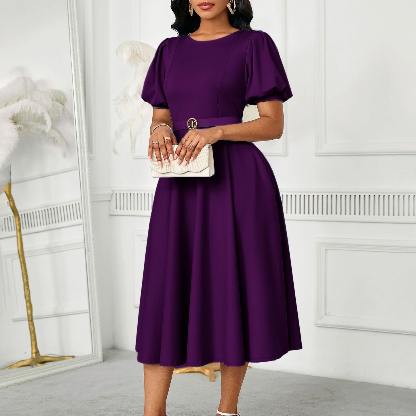 Elegant Summer Puff Sleeve Midi Dress with Belt