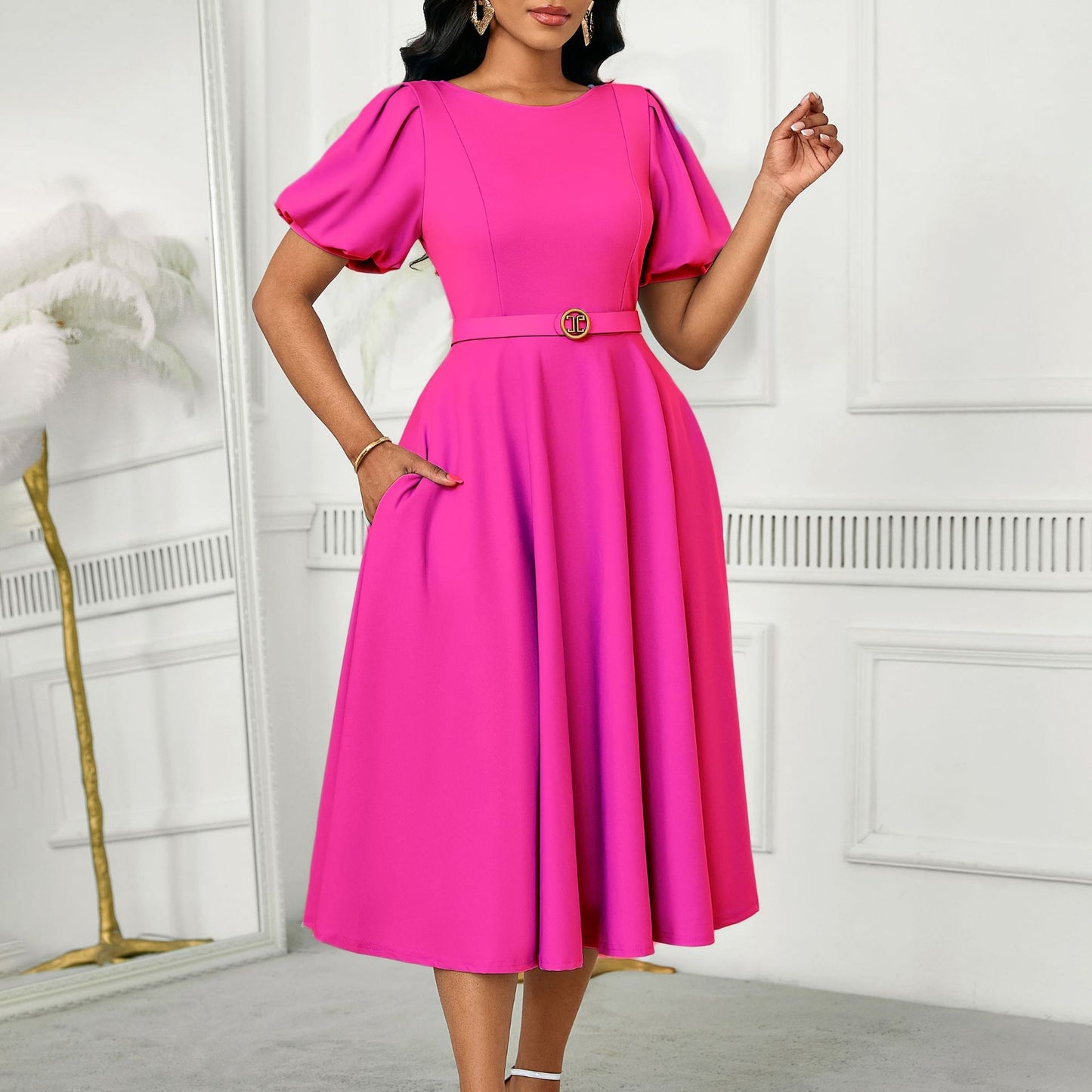Elegant Summer Puff Sleeve Midi Dress with Belt