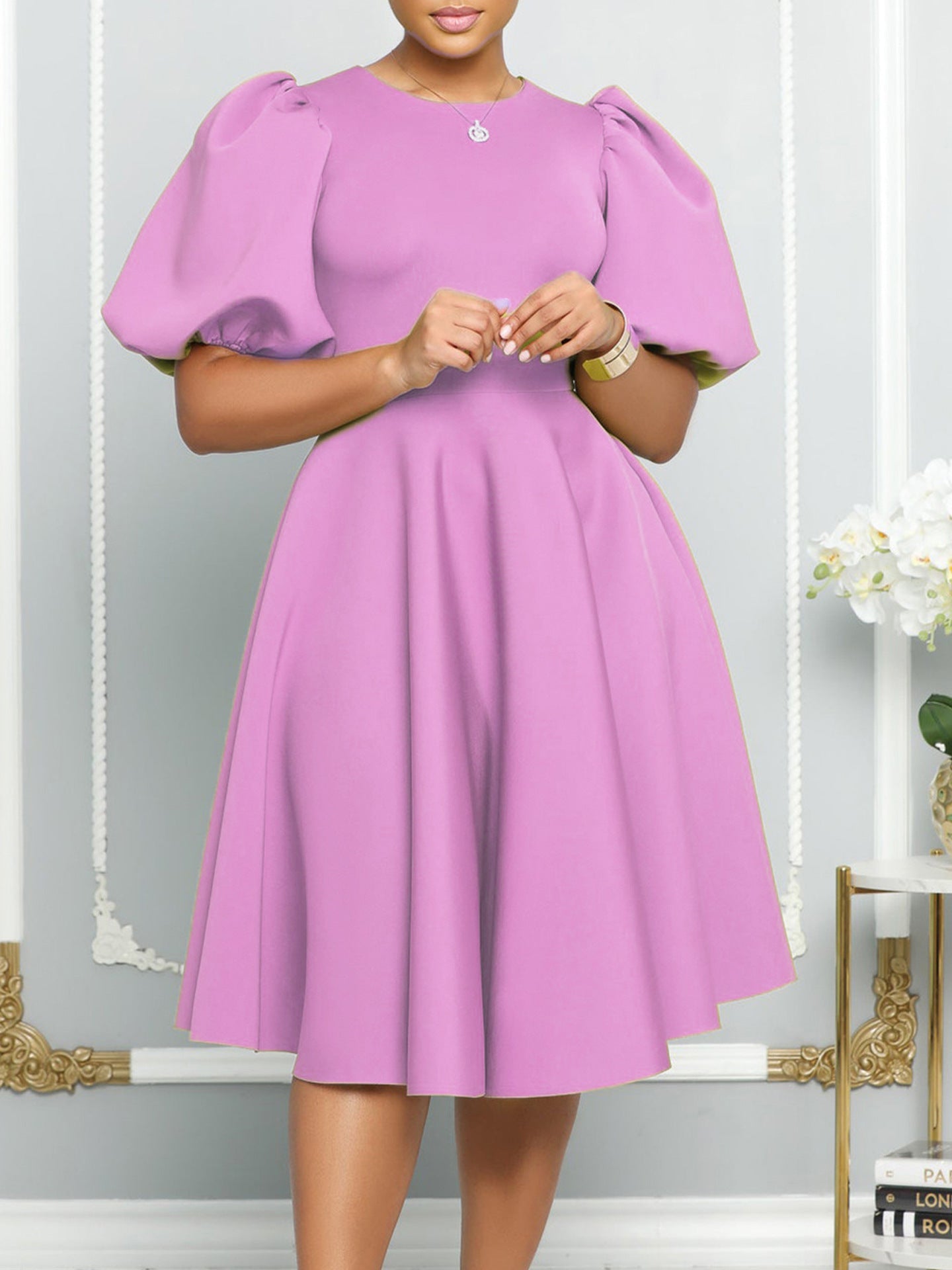Elegant Bubble Sleeve Midi Dress