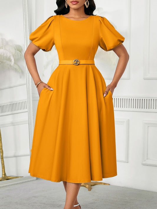 Elegant Summer Puff Sleeve Midi Dress with Belt