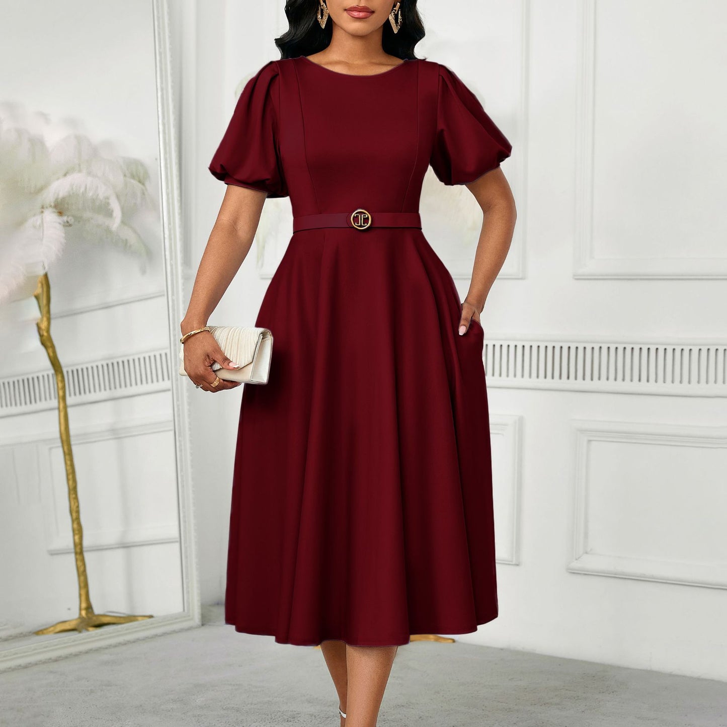 Elegant Summer Puff Sleeve Midi Dress with Belt
