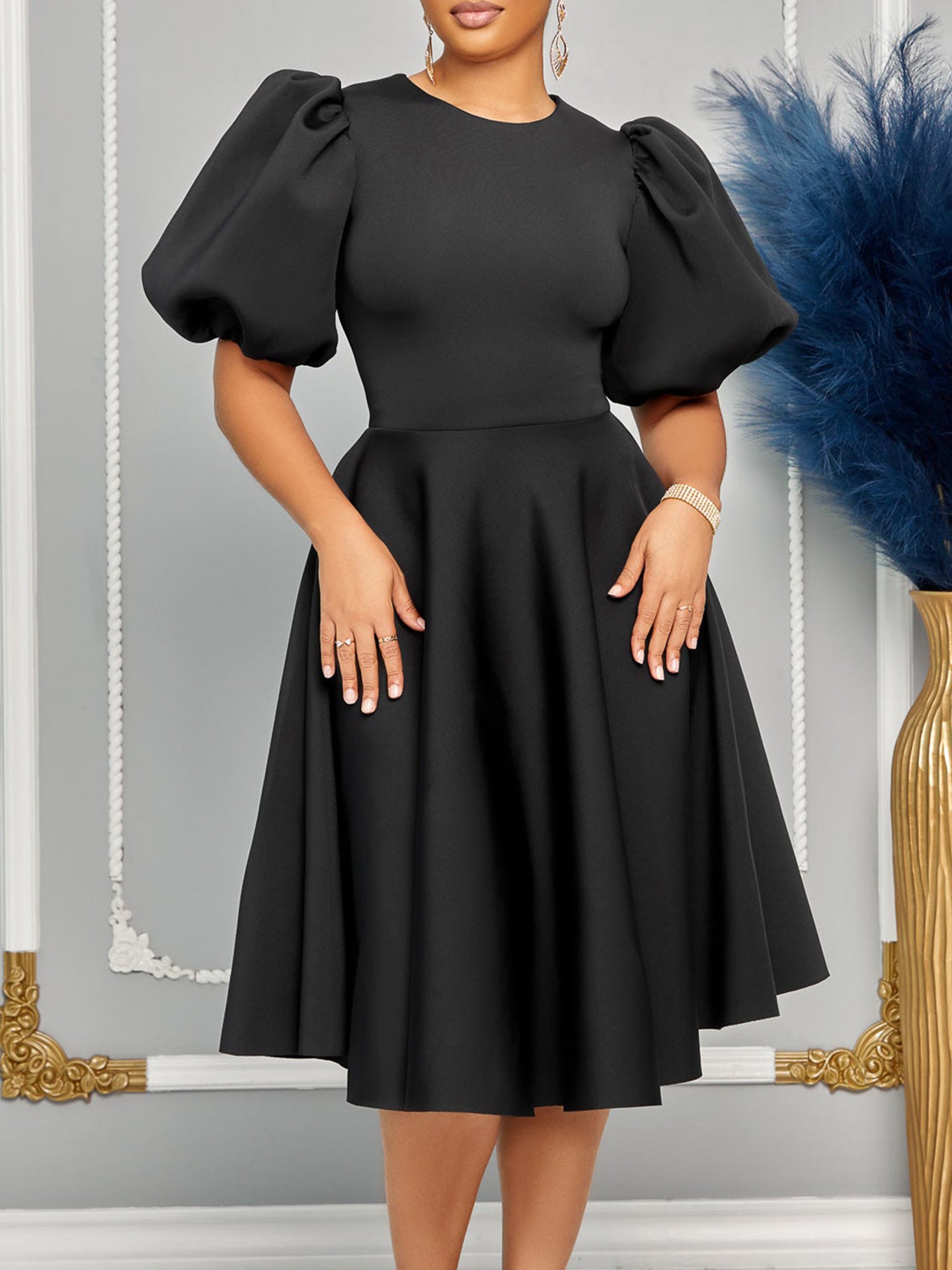 Elegant Bubble Sleeve Midi Dress