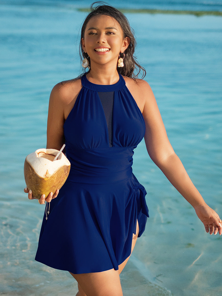 Elegant One-Piece Swim Dress – Plus Size Tummy Control Beach Swimsuit