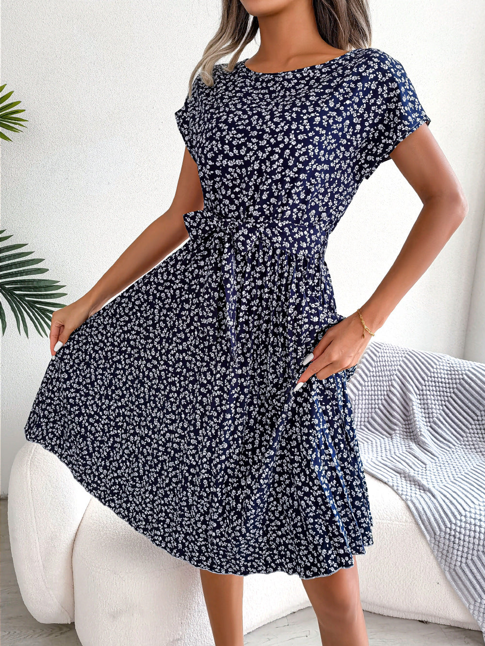 Elegant Floral Pleated Midi Dress – Women’s Summer Casual Dress