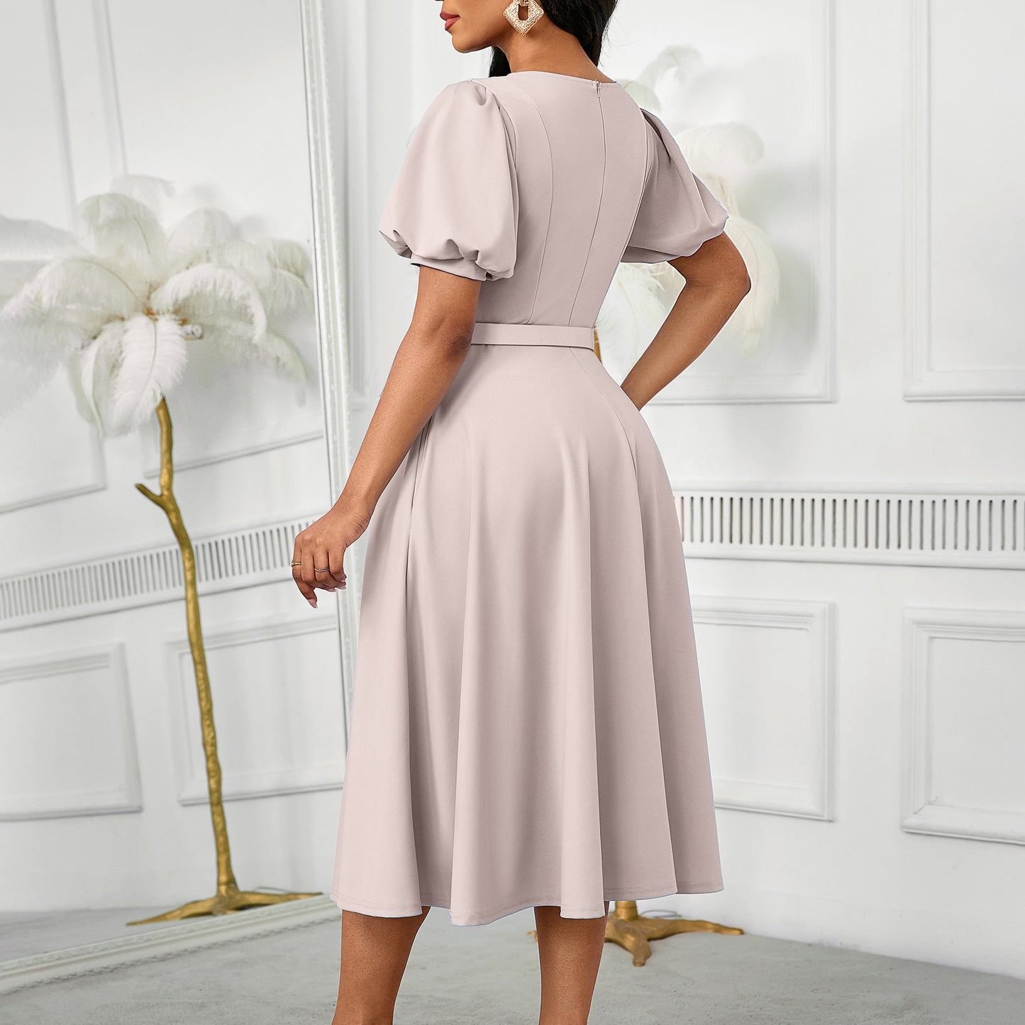 Elegant Summer Puff Sleeve Midi Dress with Belt