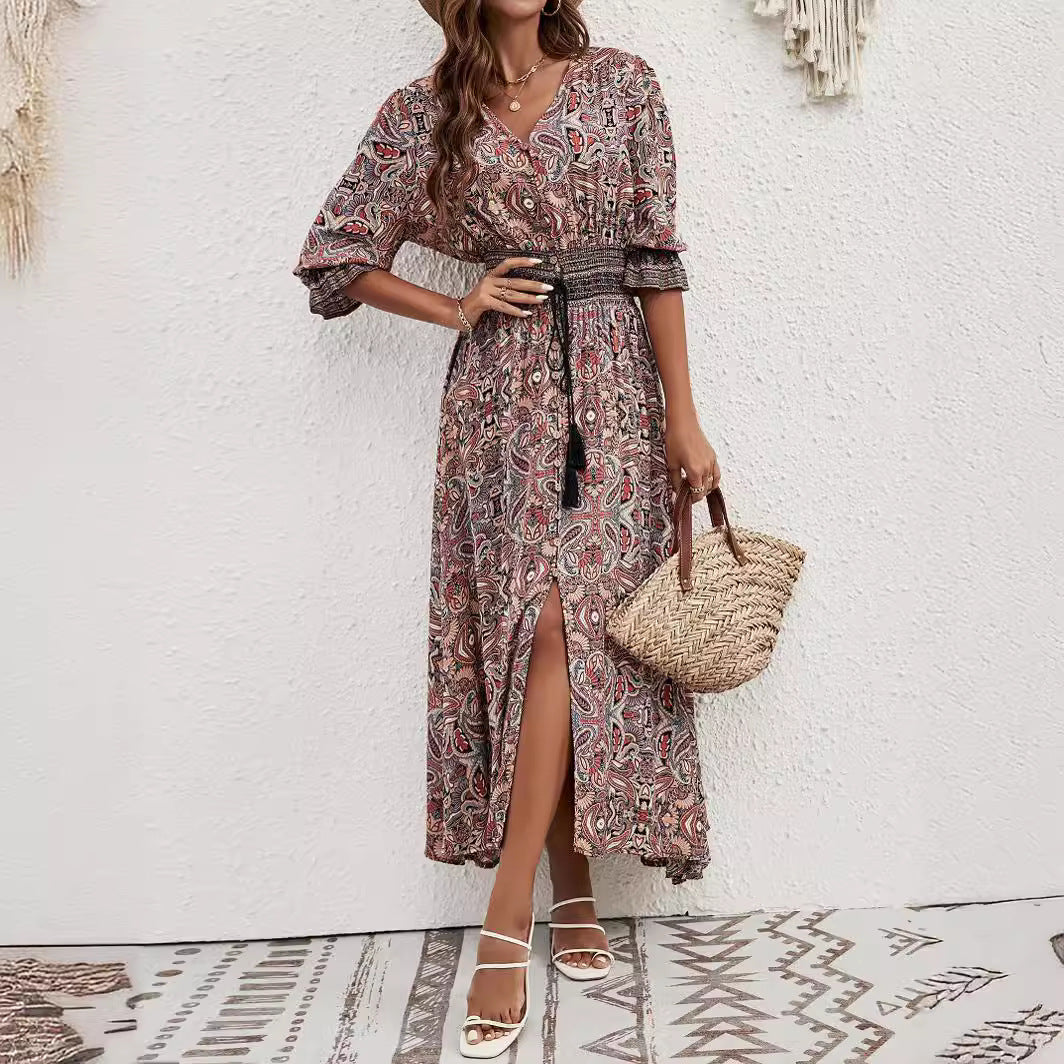 Elegant Bohemian Maxi Dress – Rayon Printed Vacation Dress