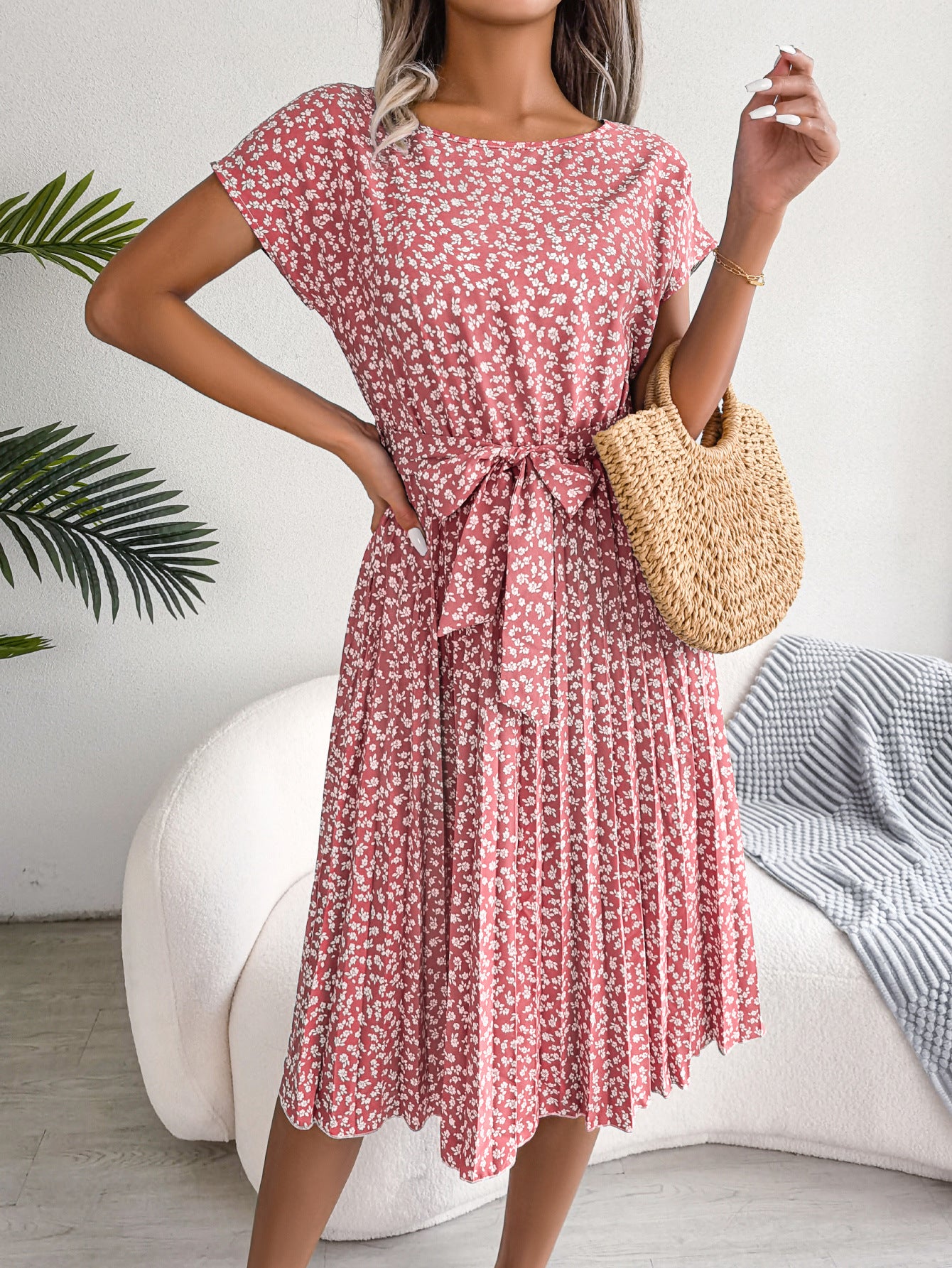 Elegant Floral Pleated Midi Dress – Women’s Summer Casual Dress