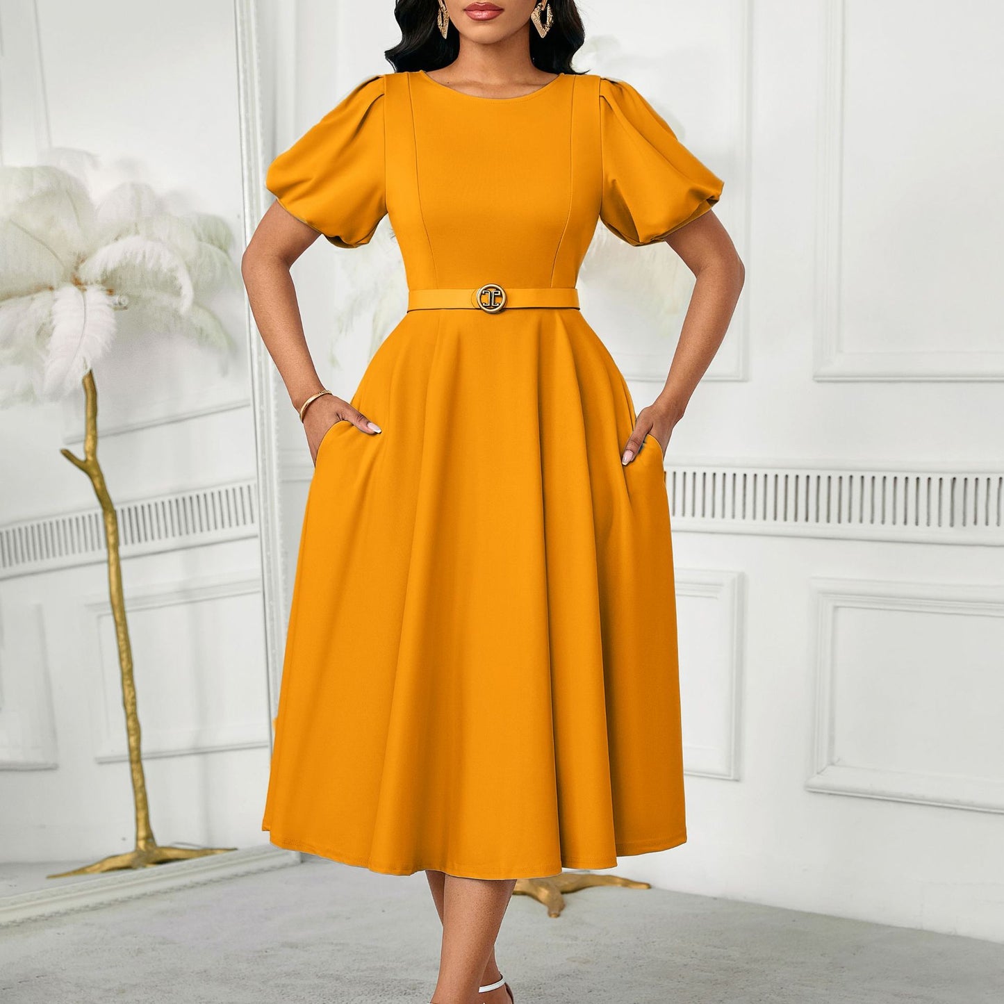 Elegant Summer Puff Sleeve Midi Dress with Belt