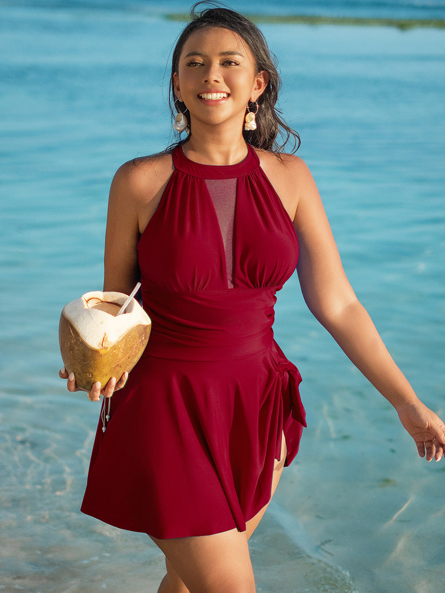 Elegant One-Piece Swim Dress – Plus Size Tummy Control Beach Swimsuit